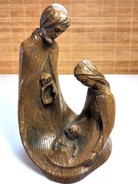 Vintage Holy Family Woodgrain Resin Statuette 1960s Mid‑Century